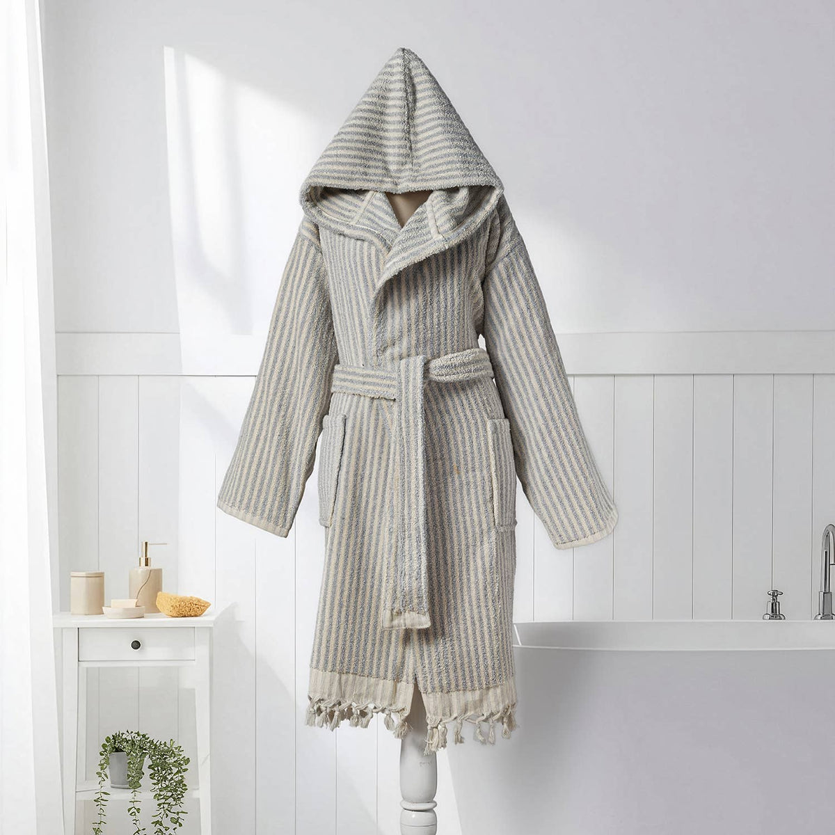 Pompom Turkish bathrobe – Grey & White Stripe, Hooded, front view | Kikoya