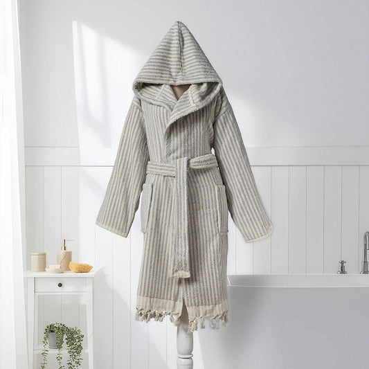 Pompom Turkish bathrobe – Grey & White Stripe, Hooded, front view | Kikoya