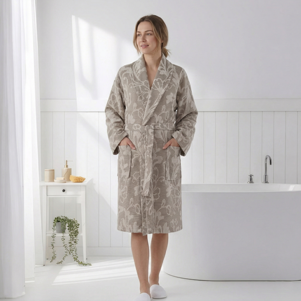 Garden raised terry Turkish bathrobe, shawl collar, taupe botanical jacquard | Kikoya