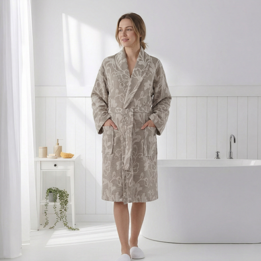 Garden raised terry Turkish bathrobe, shawl collar, taupe botanical jacquard | Kikoya