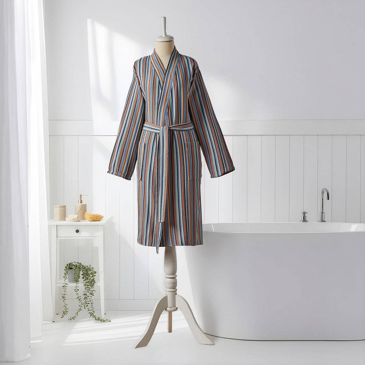 Antique Turkish kimono bathrobe – Grey & Rust Stripe | Kikoya