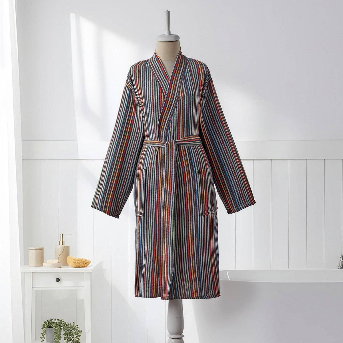 Antique Turkish kimono bathrobe – Charcoal & Rust Stripe | Kikoya