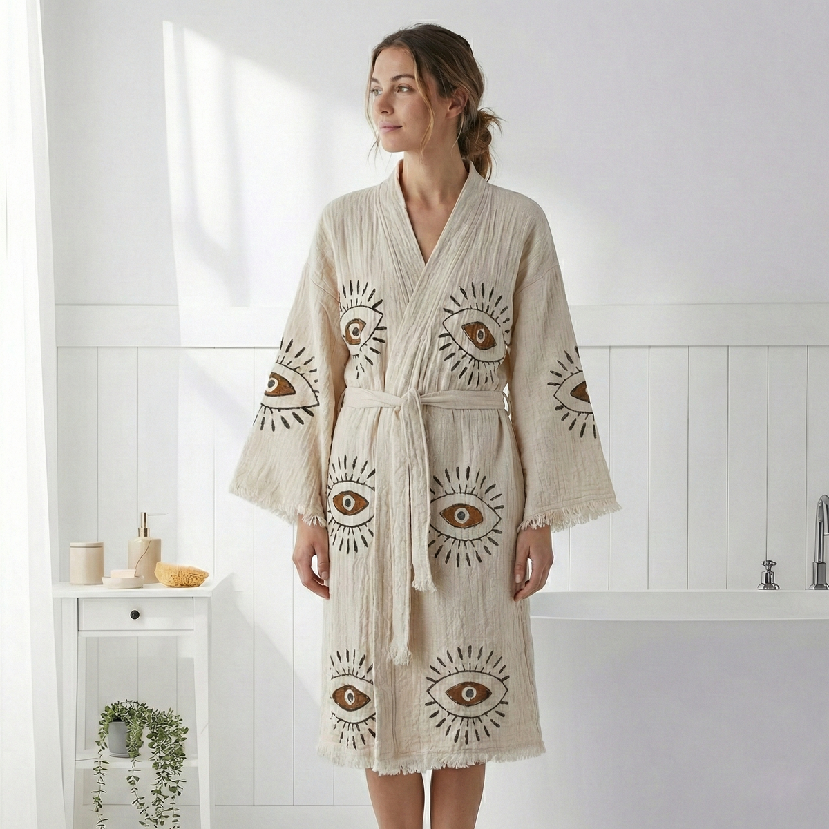 Block-print Turkish cotton kimono robe – Evil Eye Brown & Black | Kikoya