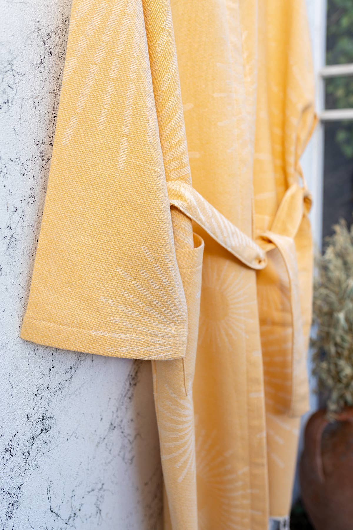 Sunburst terry-backed Turkish bathrobe, hooded, mustard | Kikoya
