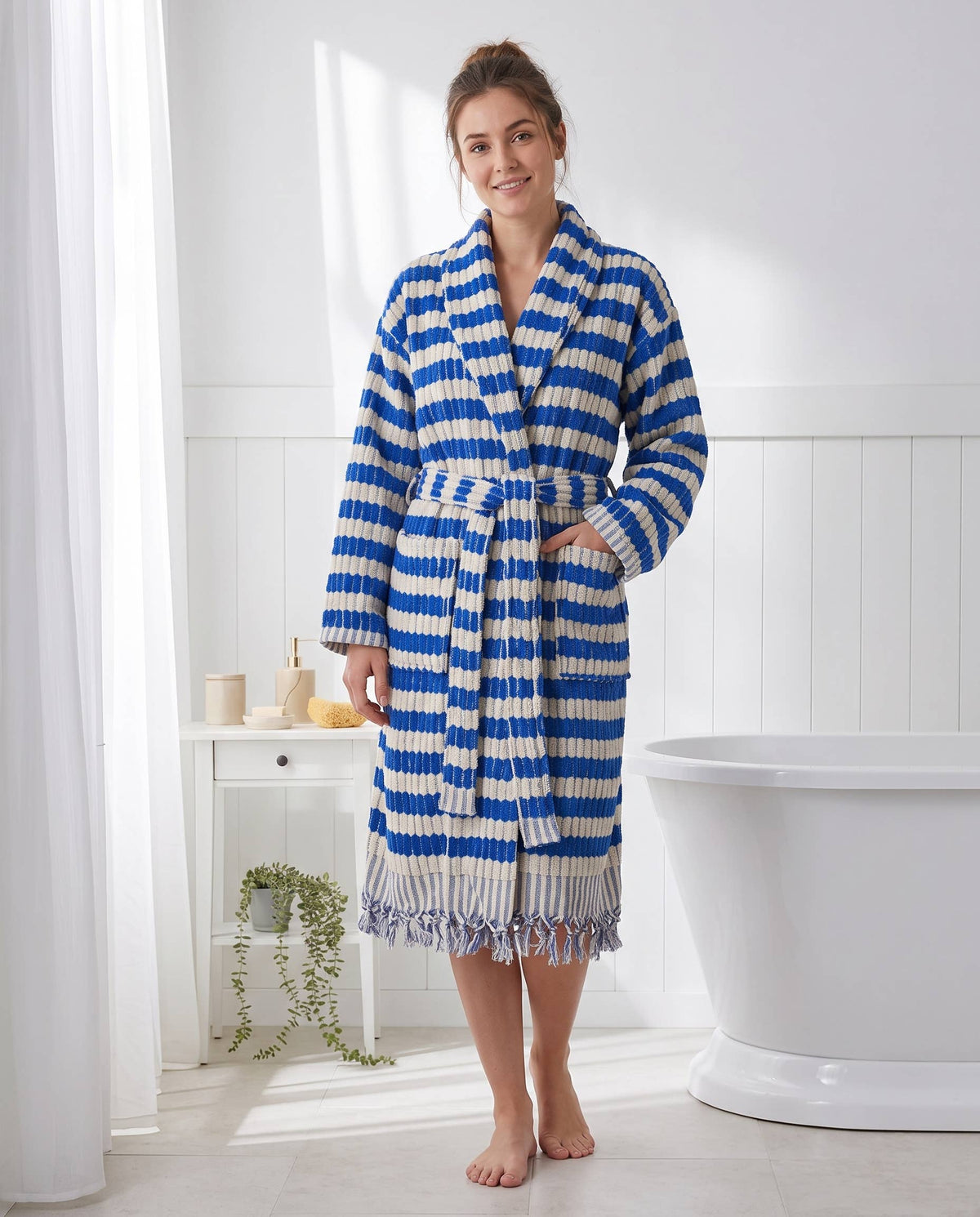 Pompom Turkish bathrobe – Lokum Blue, Shawl Collar, second styled view | Kikoya