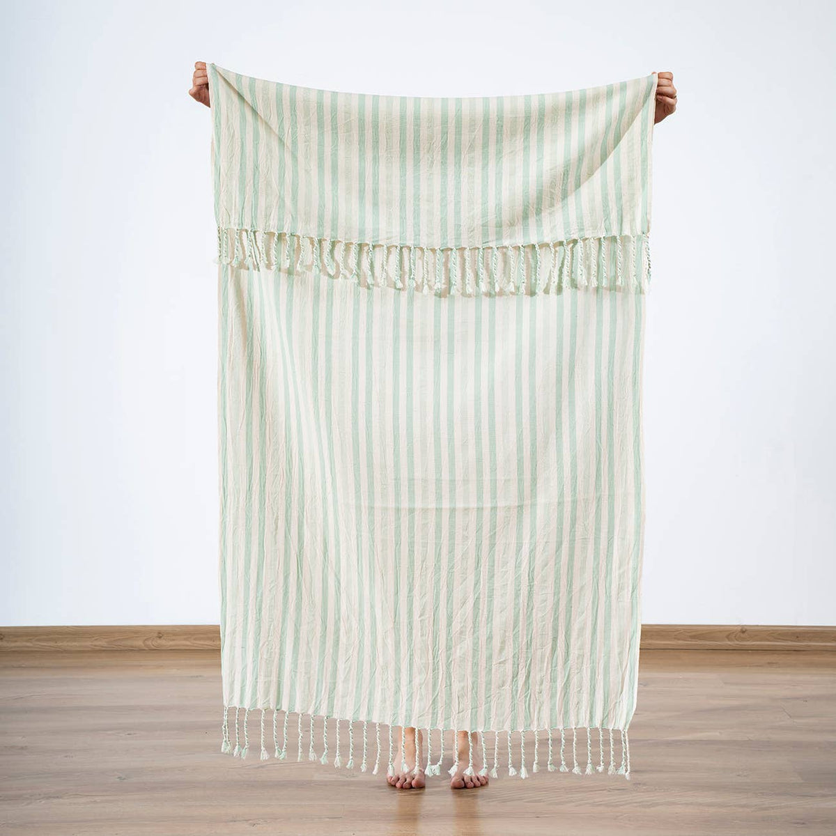 Premium Rustic Turkish beach towel – Mint Stripe, full length view | Kikoya