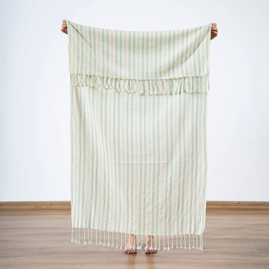 Premium Rustic Turkish beach towel – Mint Stripe, full length view | Kikoya