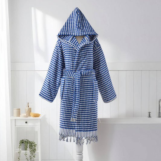 Pompom Turkish bathrobe – Blue, Hooded, front view | Kikoya
