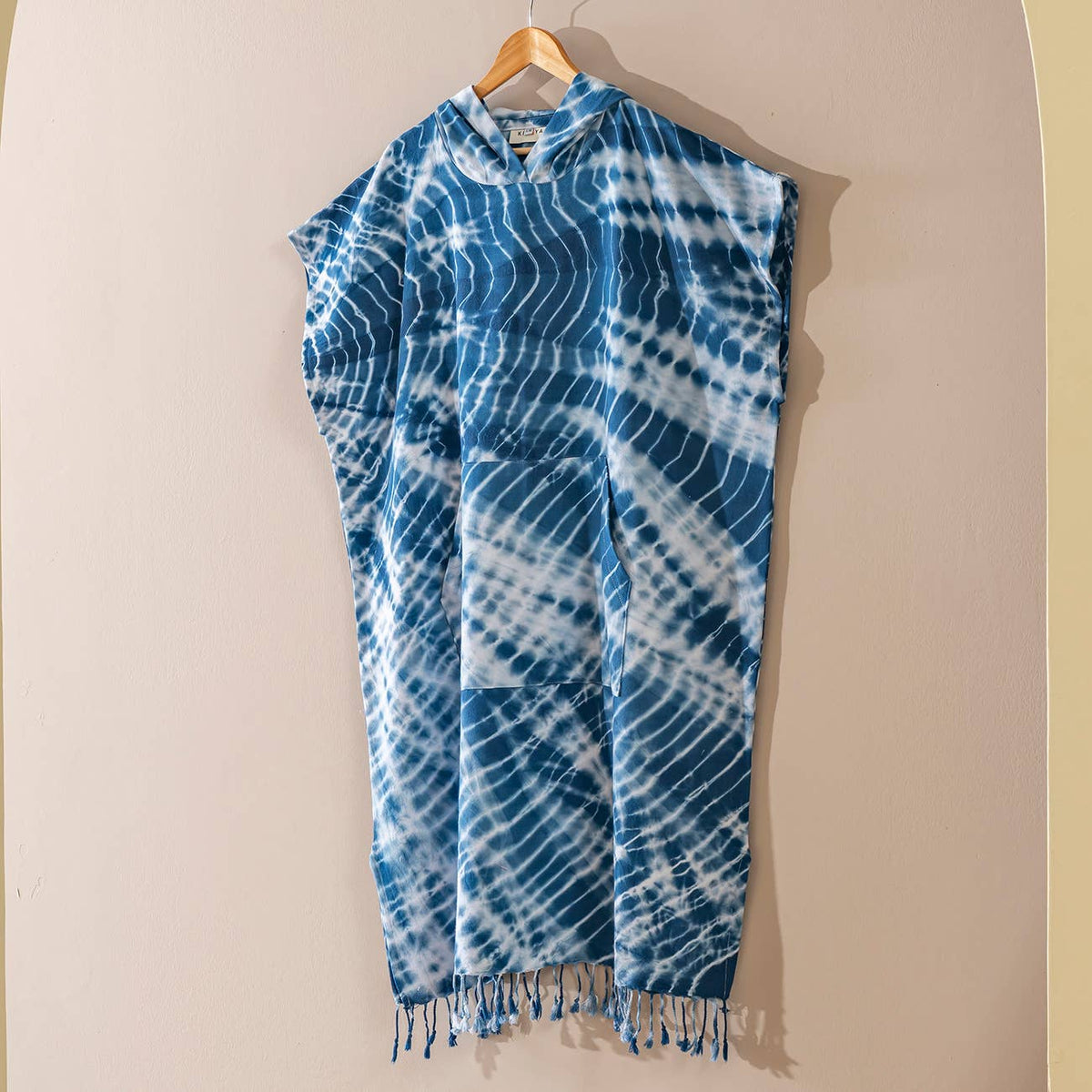 Shibori Adult Hooded Changing Poncho – Indigo Tie-dye, front view | Kikoya