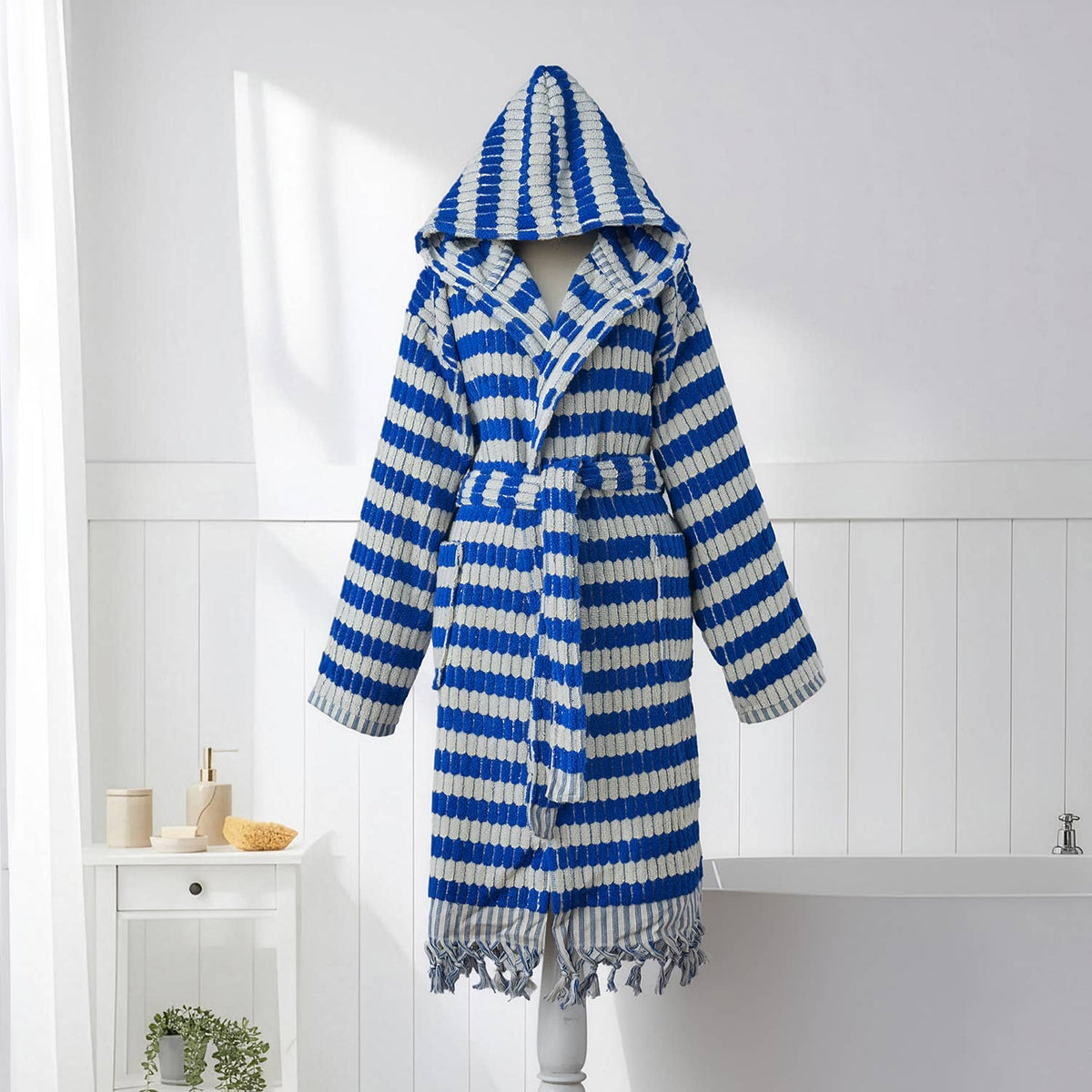 Pompom Turkish bathrobe – Lokum Blue, Hooded, full-length view | Kikoya