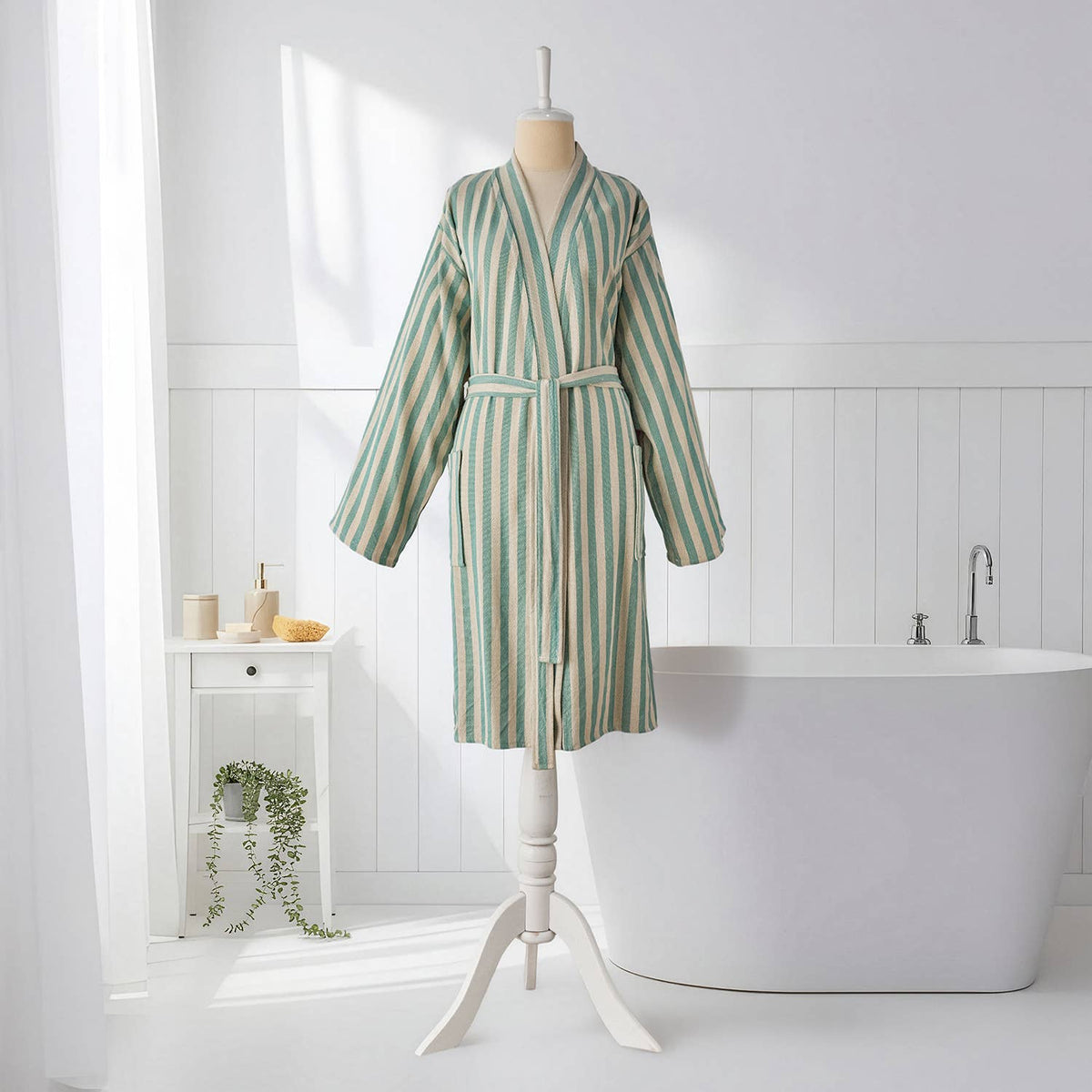 Sage green stripe Turkish cotton bathrobe – kimono, belted | Kikoya