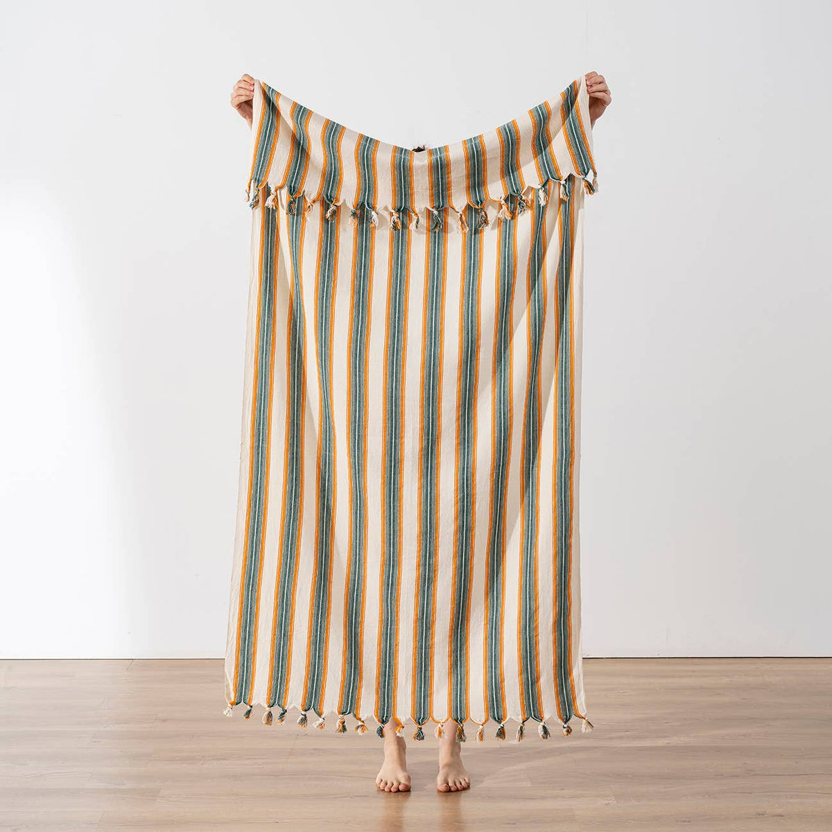 Orange Stripe peshtemal, folded with fringe | Kikoya