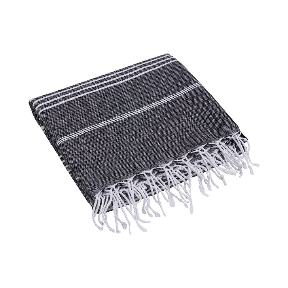 Sultan Turkish beach towel – Black, folded with knotted fringe | Kikoya