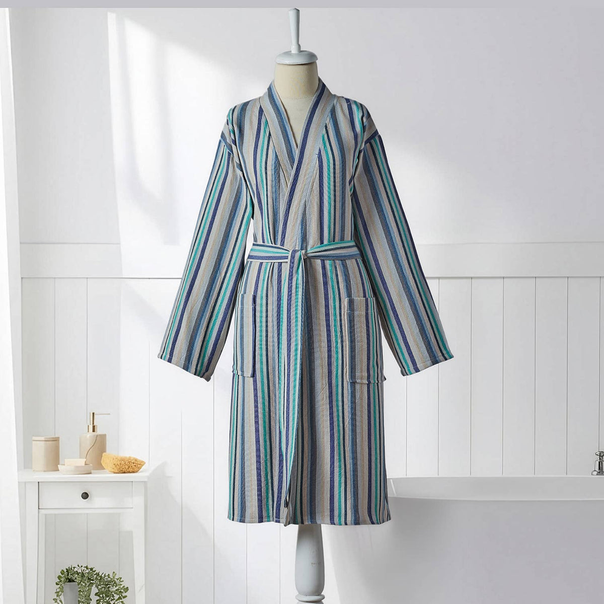 Antique Turkish kimono bathrobe – Turquoise Stripe | Kikoya