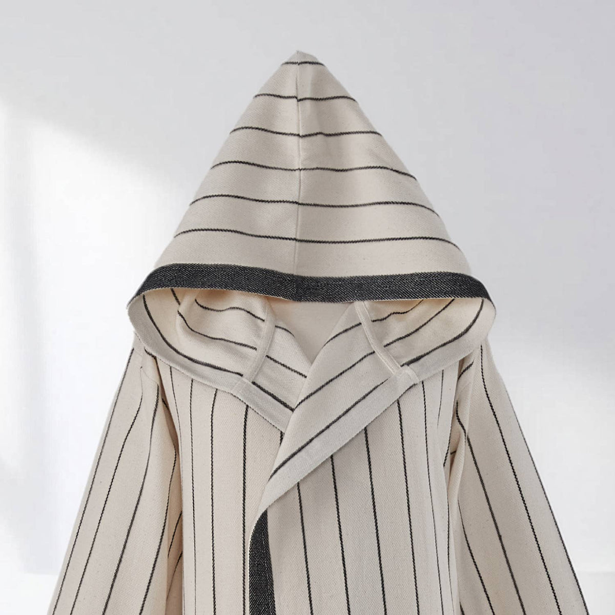 Pinstripe Turkish cotton bathrobe in cream & black – hooded | Kikoya