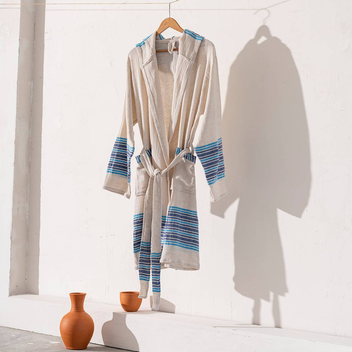 Linen-cotton Turkish bathrobe with blue stripe bands – kimono | Kikoya