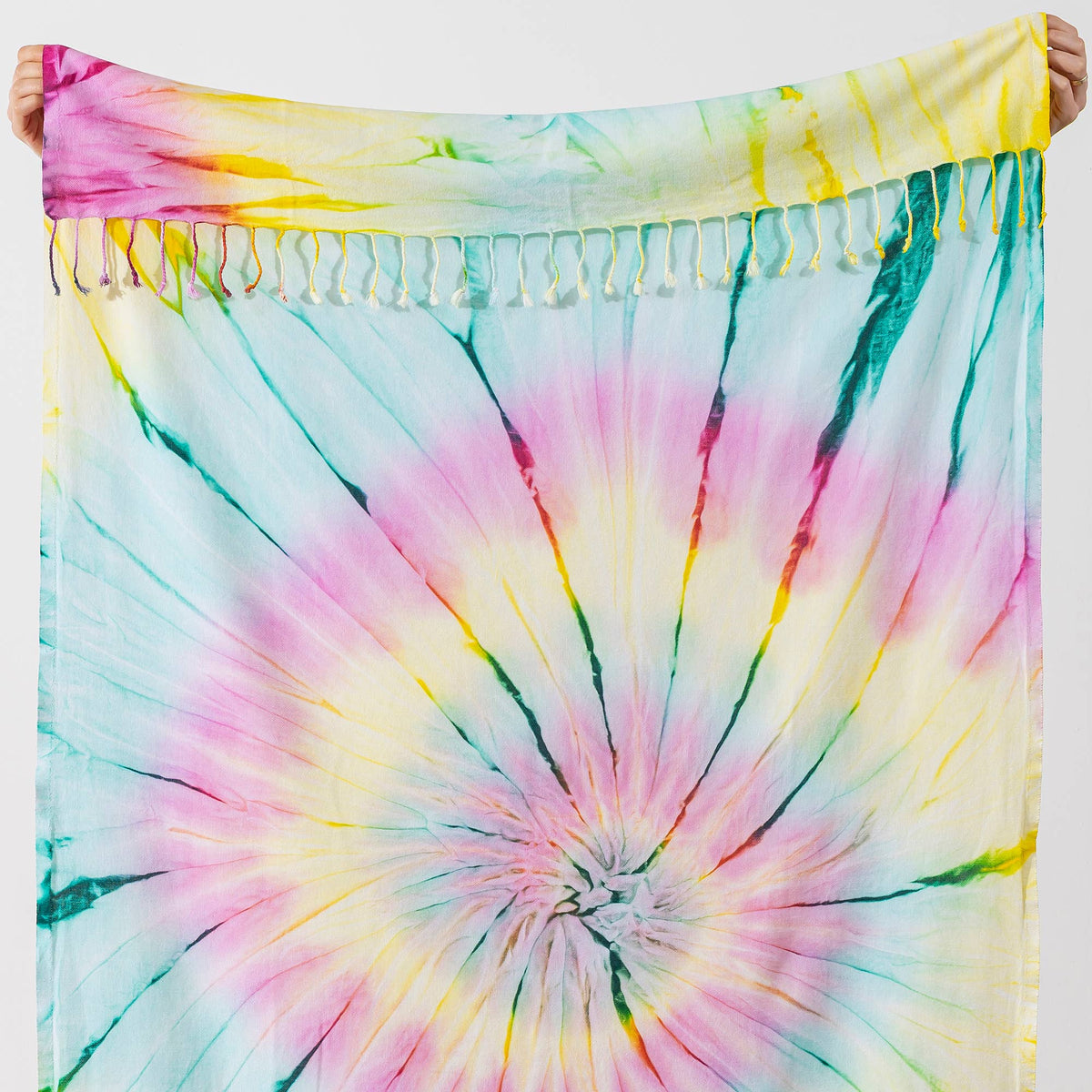 Tie-dye Turkish beach towel in pink, yellow and mint spiral, 33x65 in | Kikoya