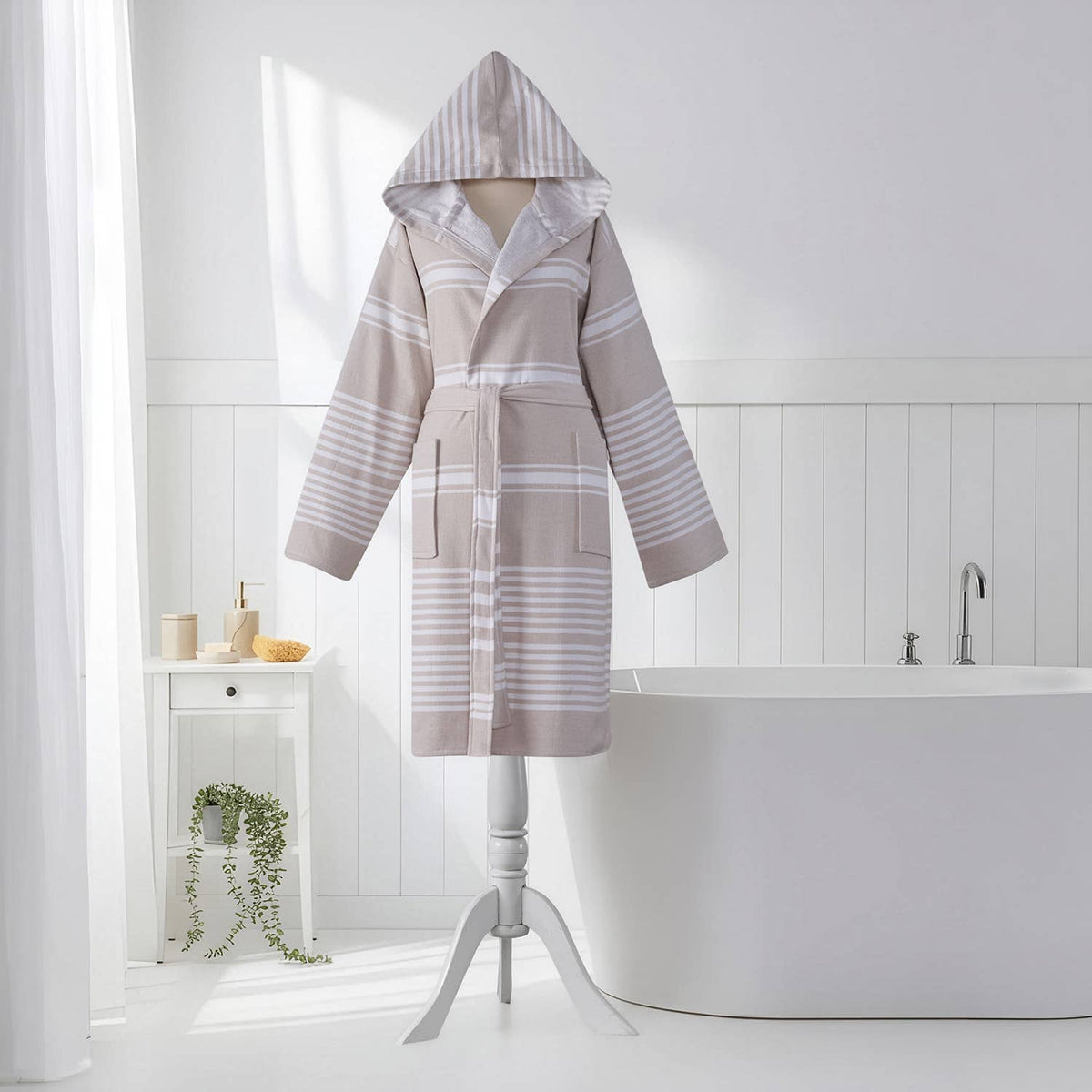Wide stripe terry-backed Turkish bathrobe – hooded | Kikoya