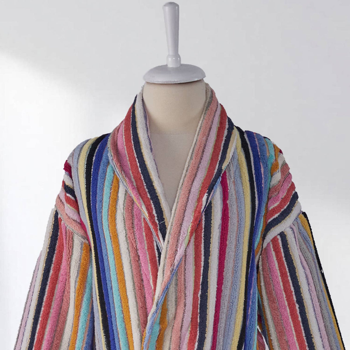 Pompom Turkish bathrobe – Bold Multicolor Stripe, Shawl Collar, texture detail | Kikoya