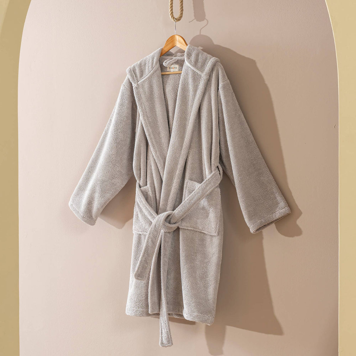 Pompom Turkish bathrobe – Pebble, Hooded, styled view | Kikoya