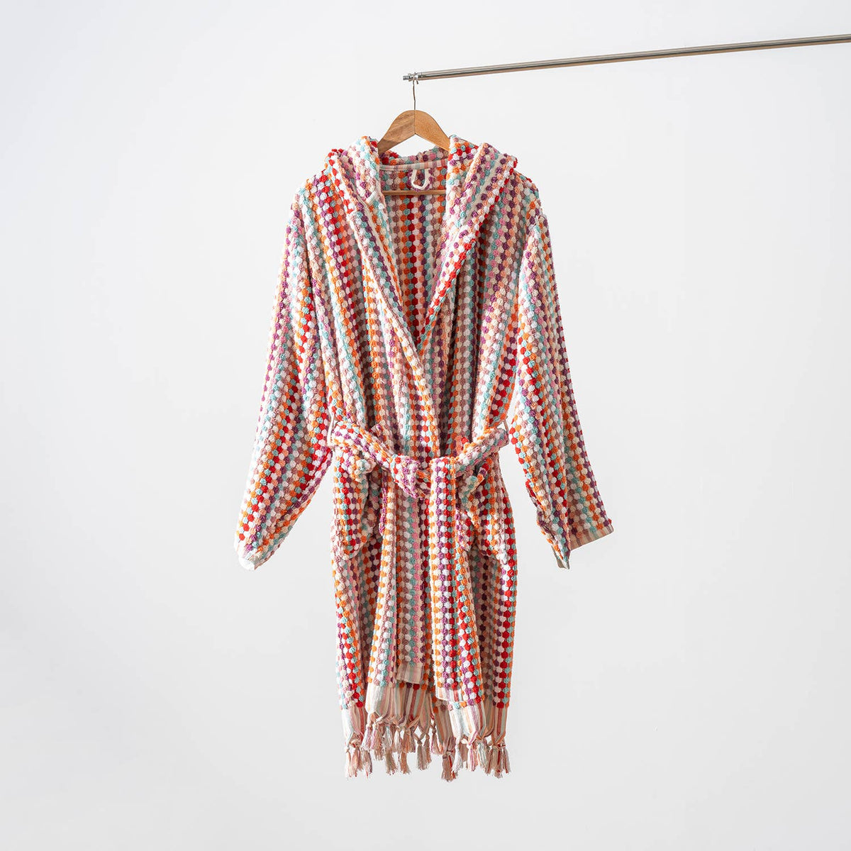 Pompom Turkish bathrobe – Pink Multi, Hooded, belt and pocket detail | Kikoya