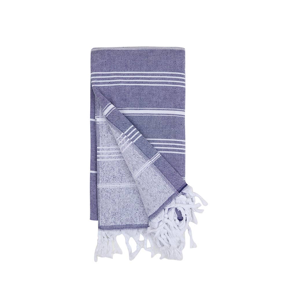 Classic terry-backed Turkish towel in wide stripe, flat face with brushed terry back | Kikoya