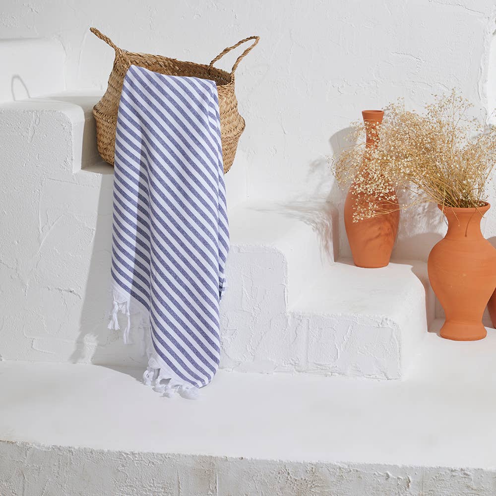 Royal terry-backed Turkish towel in fine stripe, 35x70 in, flat face with terry back | Kikoya