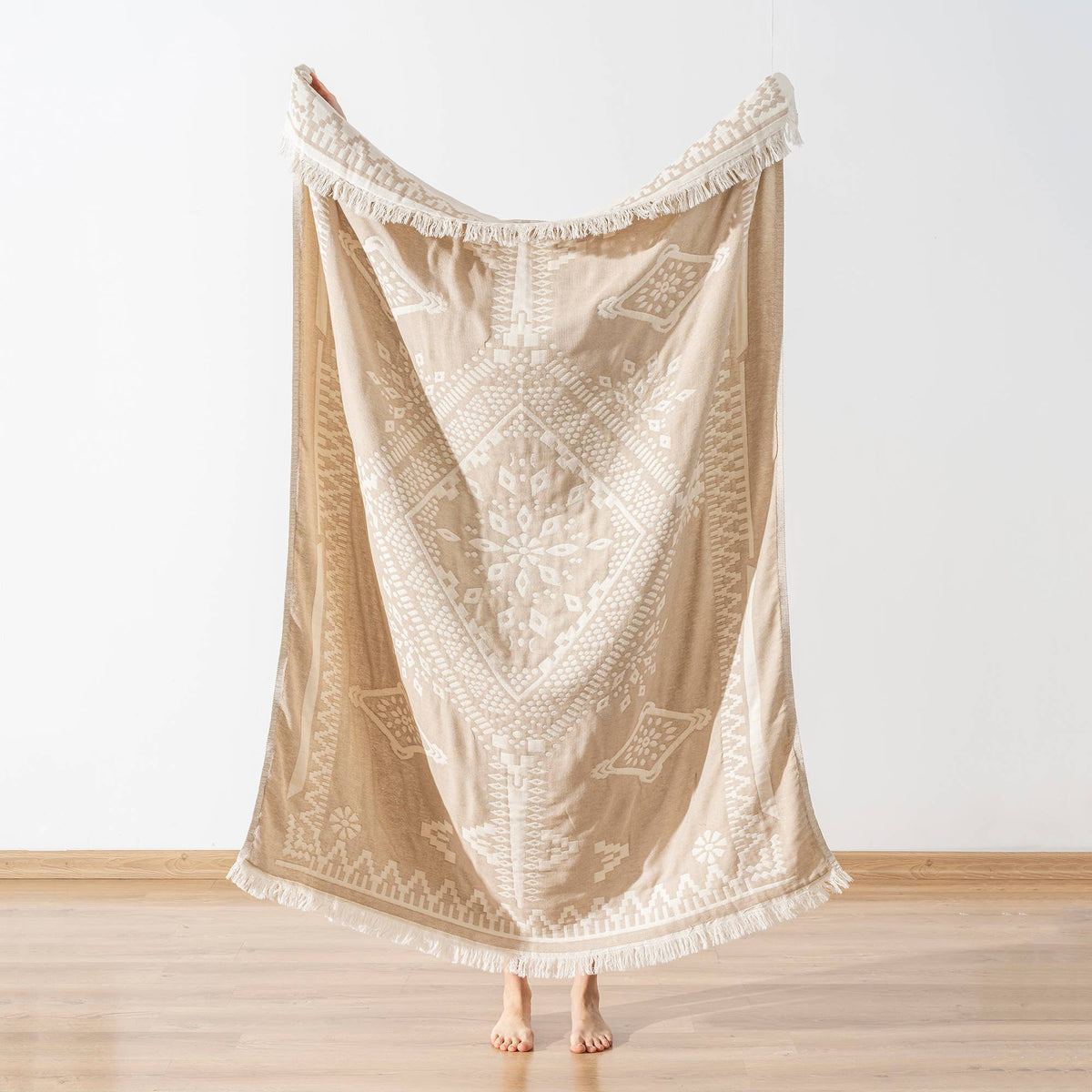 Tribal Turkish cotton throw blanket – Diamond Medallion, Beige, full length view | Kikoya