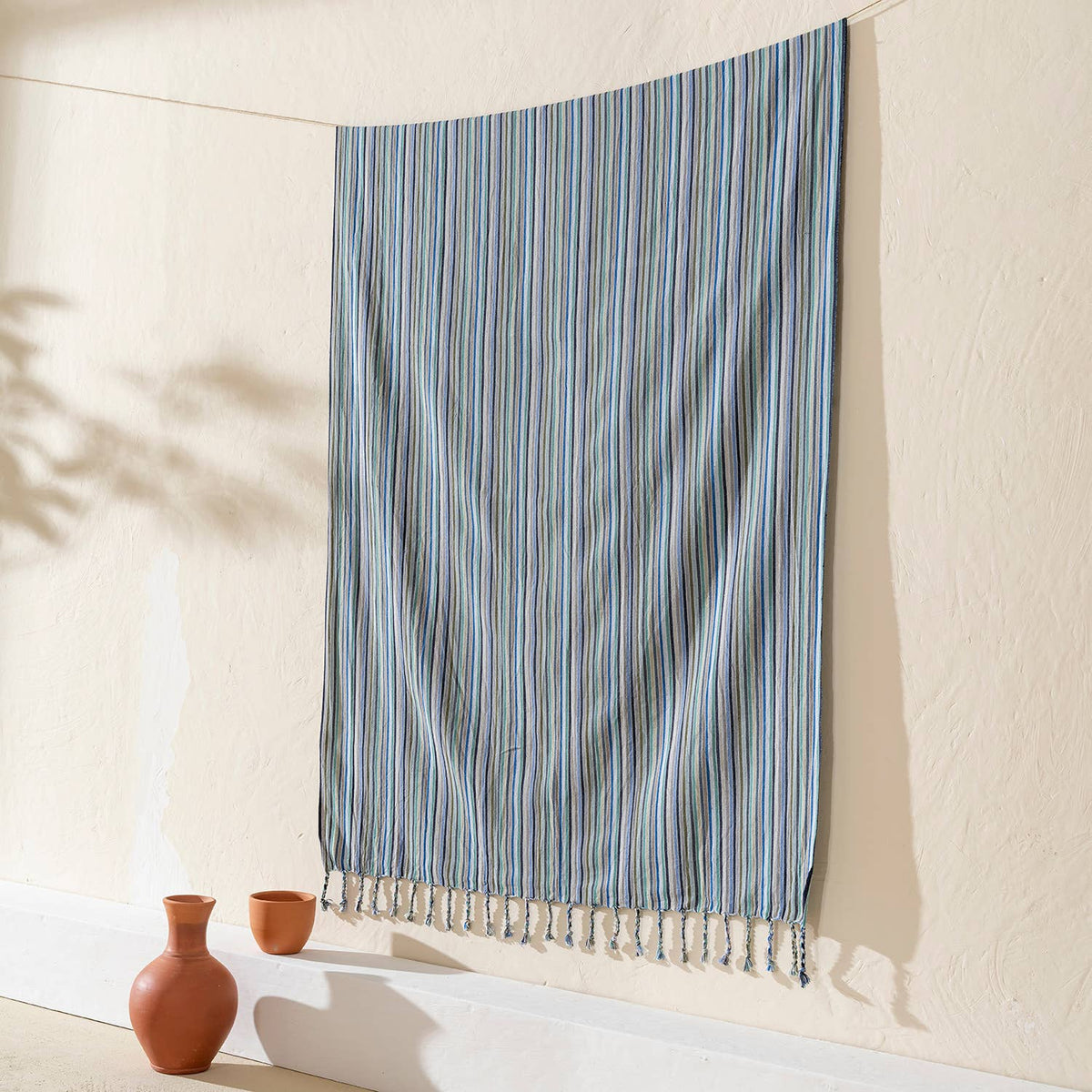 Aqua & Navy Stripe peshtemal, knotted fringe detail | Kikoya