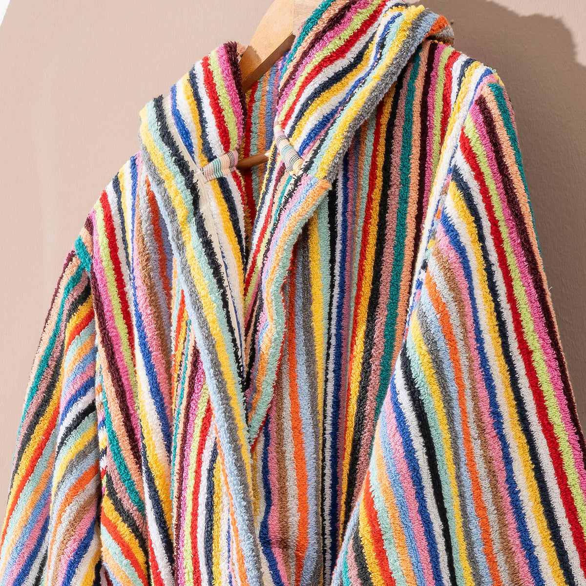 Pompom Turkish bathrobe – Multicolor Pinstripe, Hooded, styled view | Kikoya