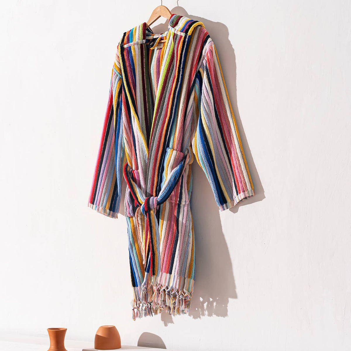 Pompom Turkish bathrobe – Bold Multicolor Stripe, Hooded, front view | Kikoya