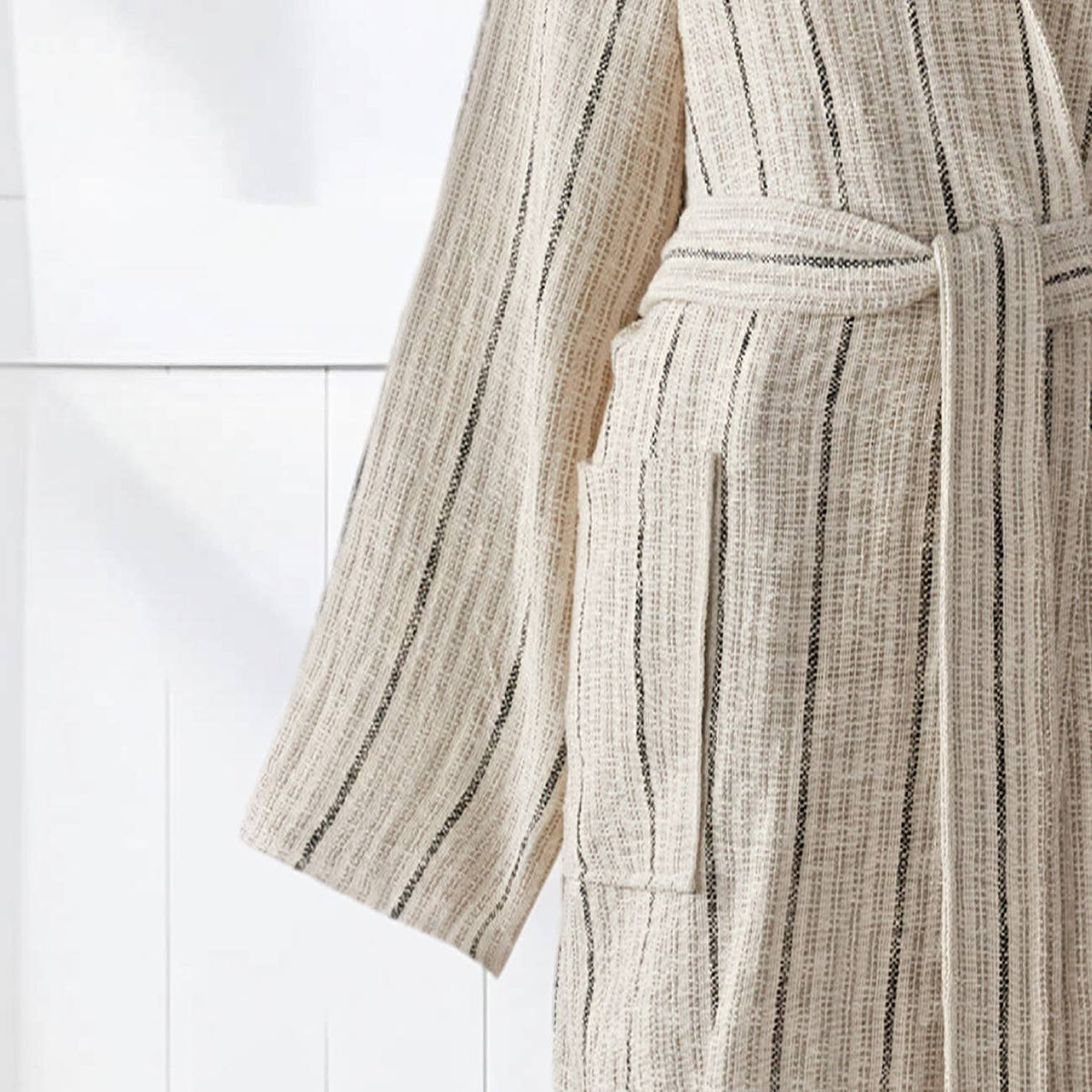 Santorini Turkish hooded bathrobe – Taupe Stripe | Kikoya