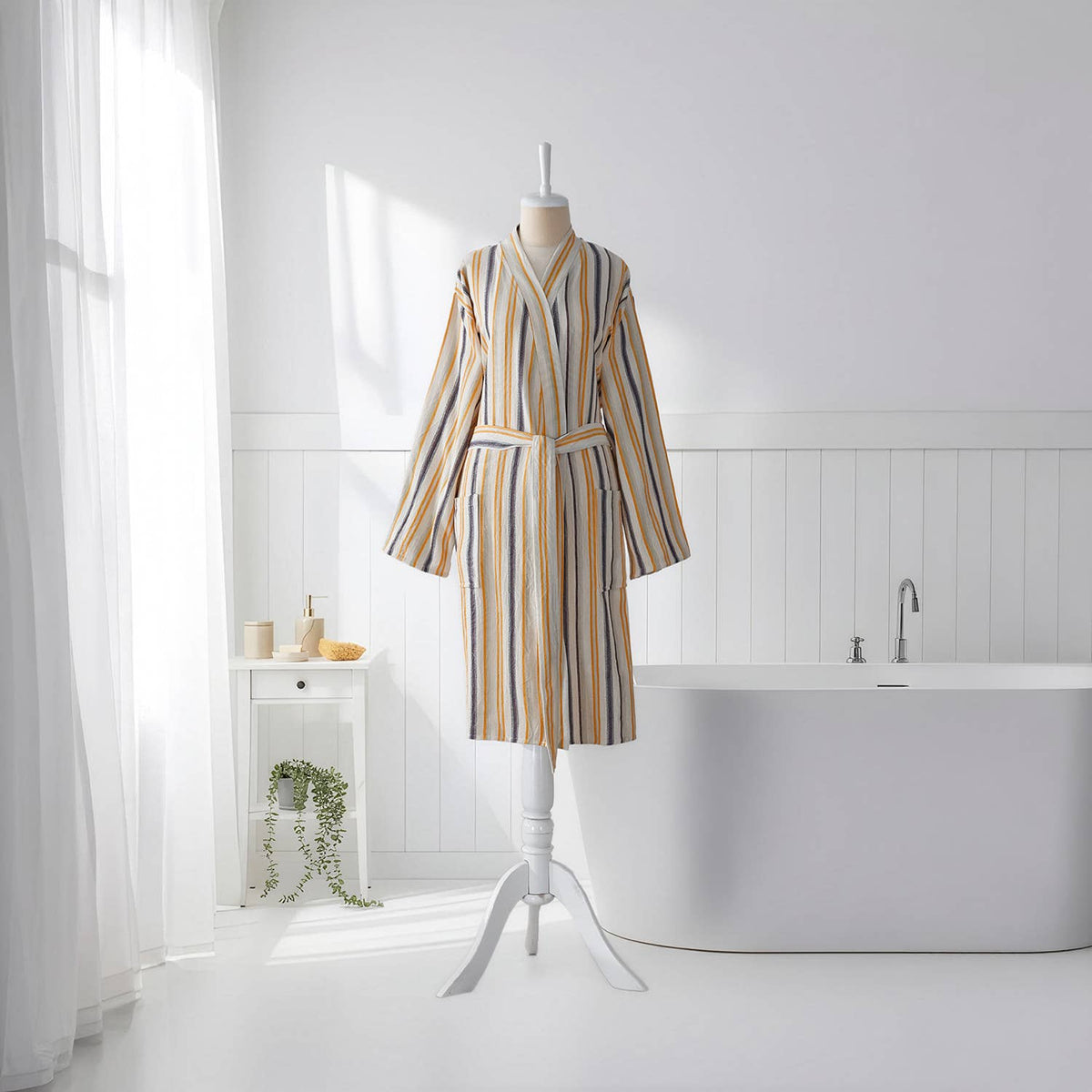 Multi stripe Turkish bathrobe in mustard & blue – kimono | Kikoya