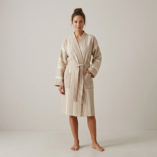 Ribbed Turkish kimono bathrobe – Cream | Kikoya