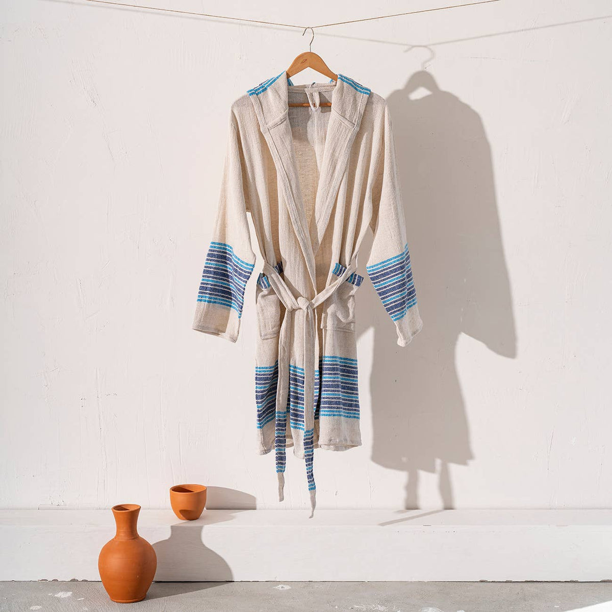 Linen-cotton Turkish bathrobe with blue stripe bands – kimono | Kikoya