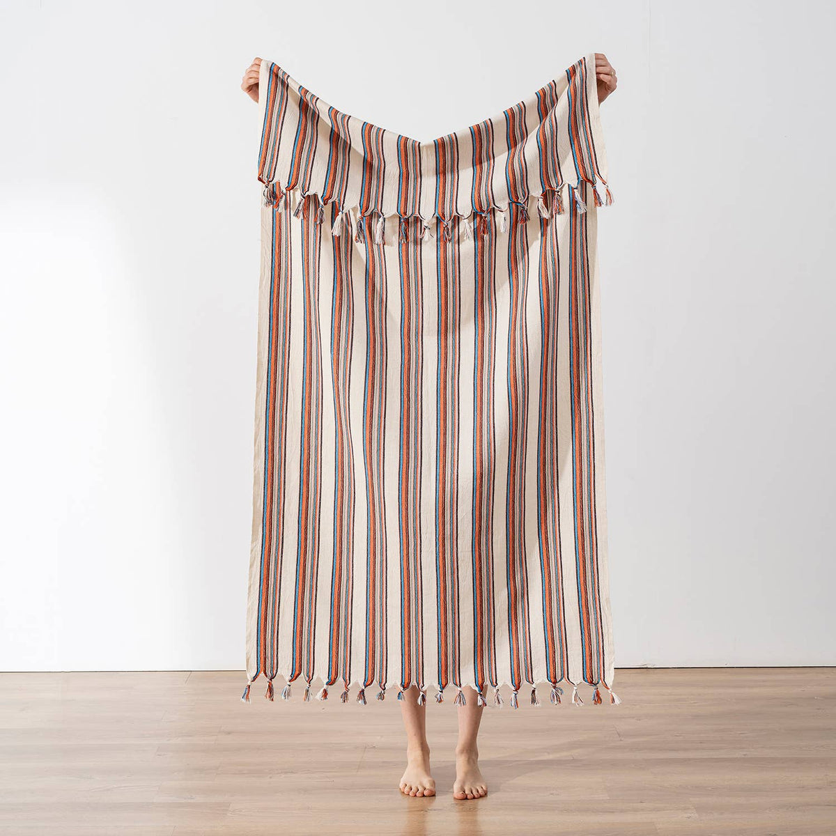 Multi stripe Turkish peshtemal towel with twisted tassels, bath and hand sizes | Kikoya