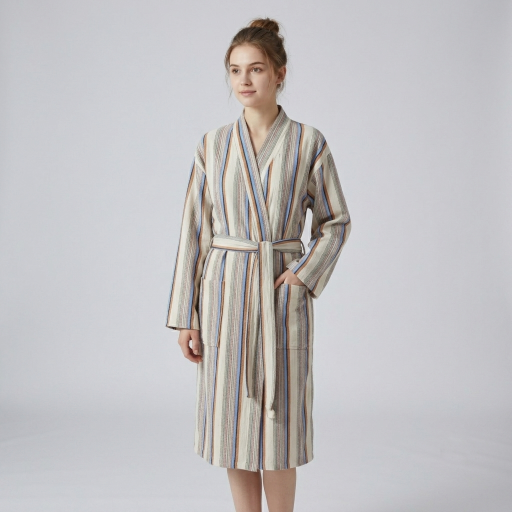 Multi stripe Turkish bathrobe in sand & blue – kimono | Kikoya