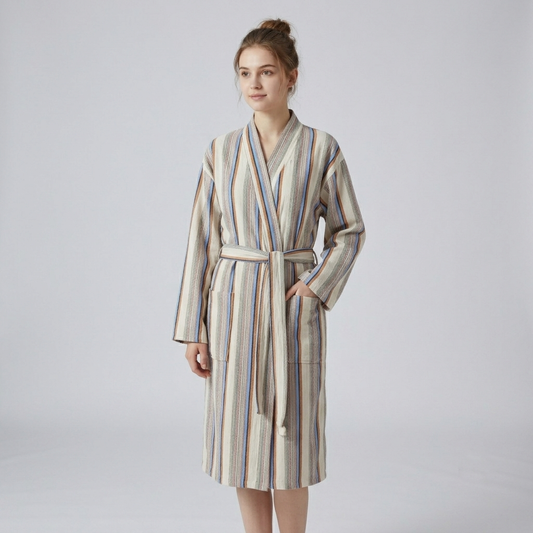 Multi stripe Turkish bathrobe in sand & blue – kimono | Kikoya