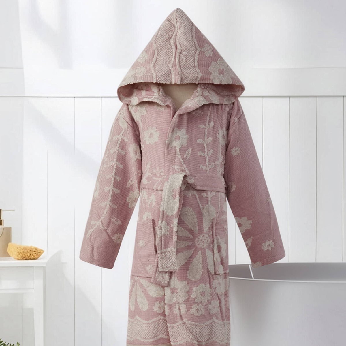 Daisy kids Turkish bathrobe – floral jacquard, hooded, ages 5-8 | Kikoya