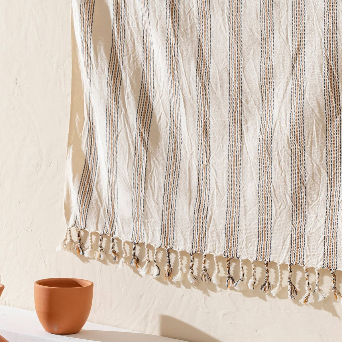 Caramel Stripe Turkish towel, woven texture close-up | Kikoya