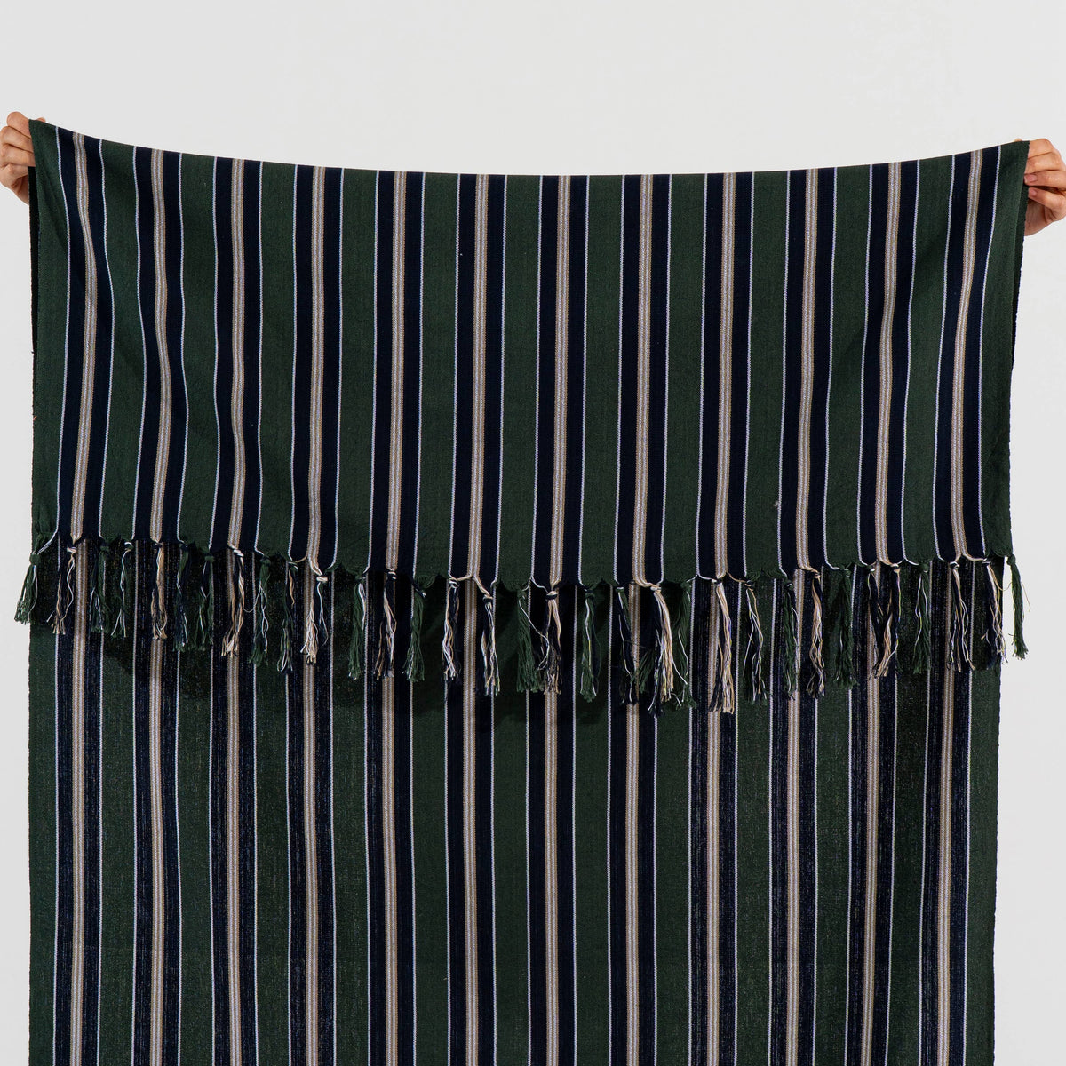 Navy and cream pinstripes on forest green Turkish cotton, mid-weight rustic weave | Kikoya