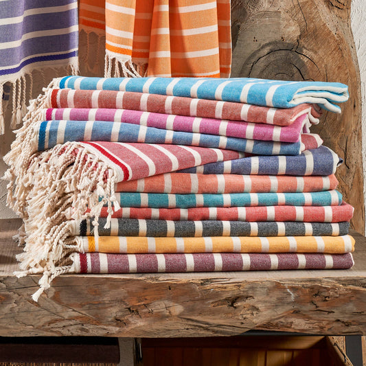 Terry-backed Turkish towel in a two-tone stripe, 33x66 in | Kikoya