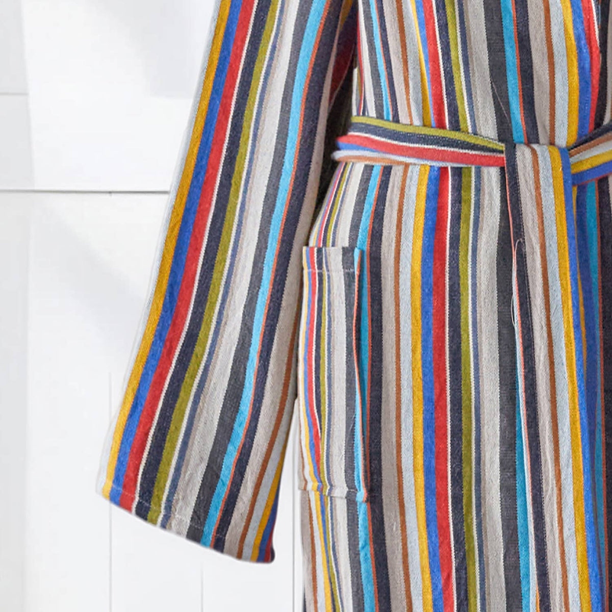 Multi stripe Turkish cotton bathrobe – shawl collar, belted | Kikoya