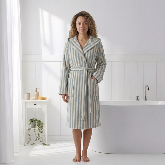 Stripe Turkish cotton bathrobe in sage green – hooded | Kikoya