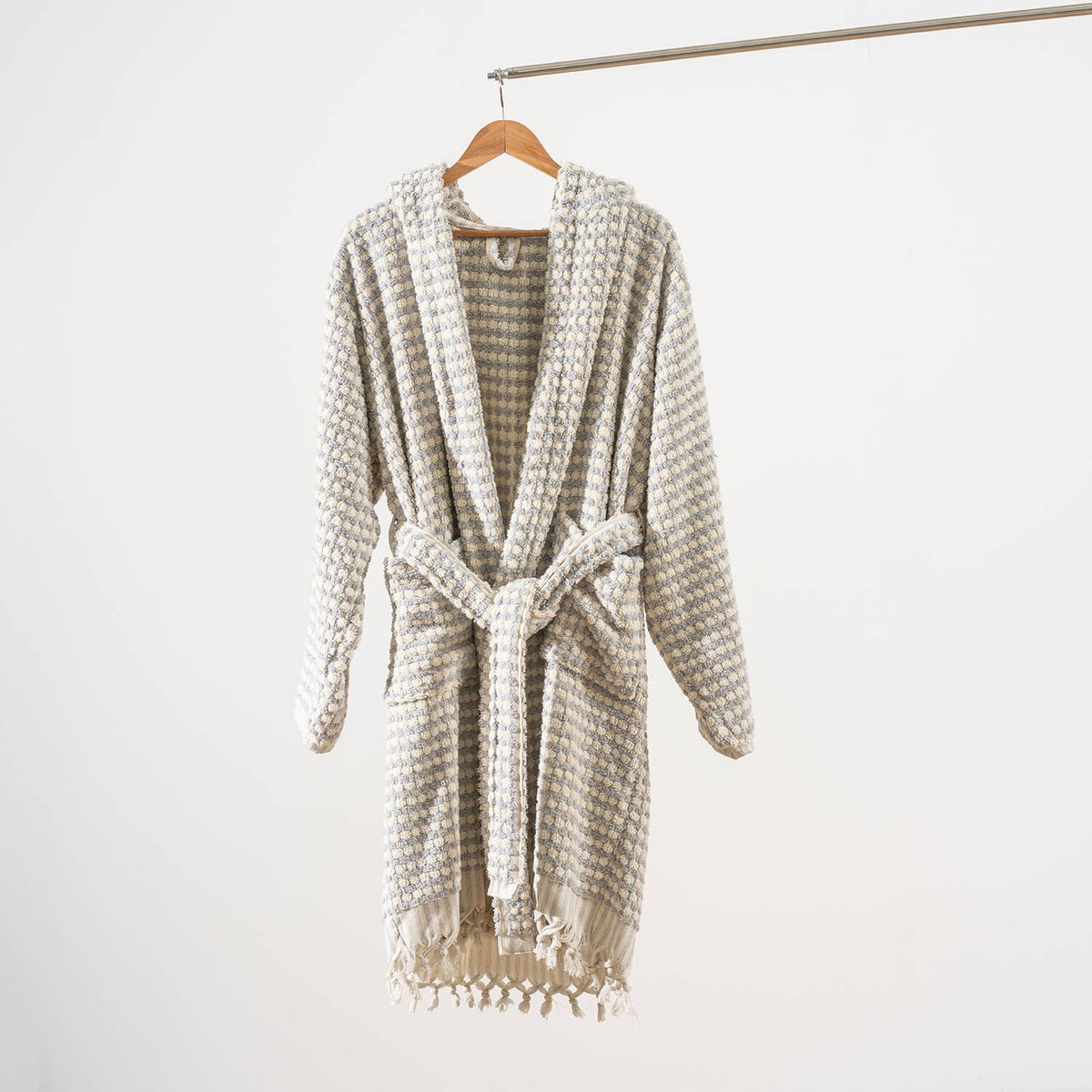Pompom Turkish bathrobe – Grey, Hooded, belt and pocket detail | Kikoya