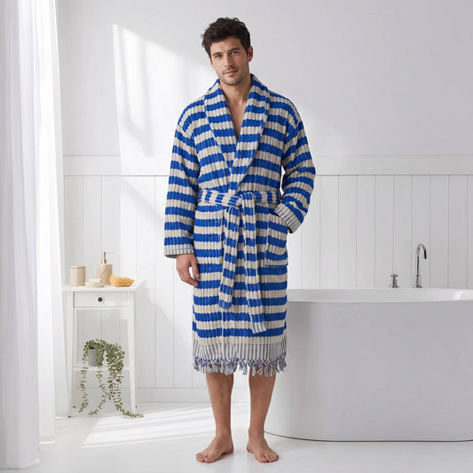 Pompom Turkish bathrobe – Lokum Blue, Shawl Collar, styled view | Kikoya