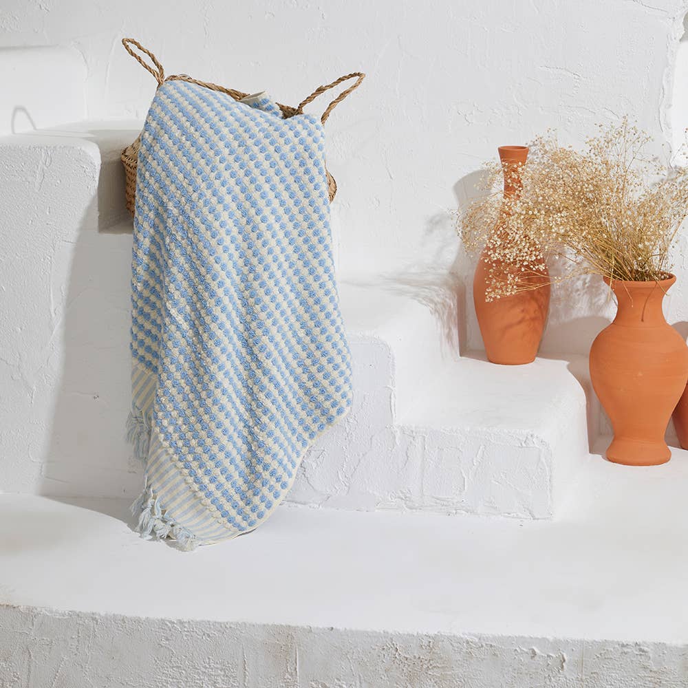 Pompom handloomed Turkish bath towel, 35x68 in, bubble weave with pompom fringe | Kikoya