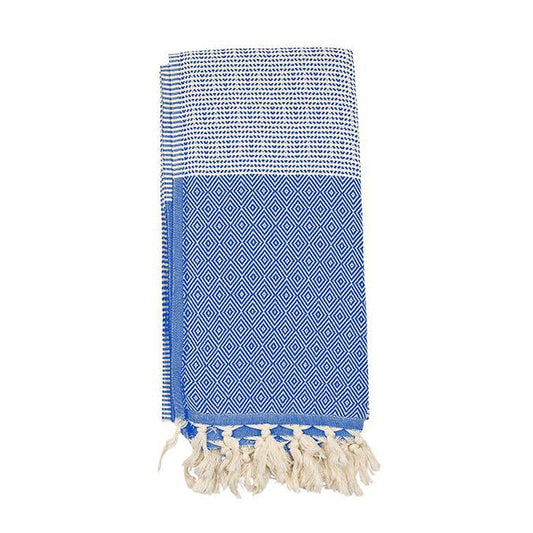 Topkapi Turkish beach towel in blue diamond weave with contrast band, 33x66 in | Kikoya