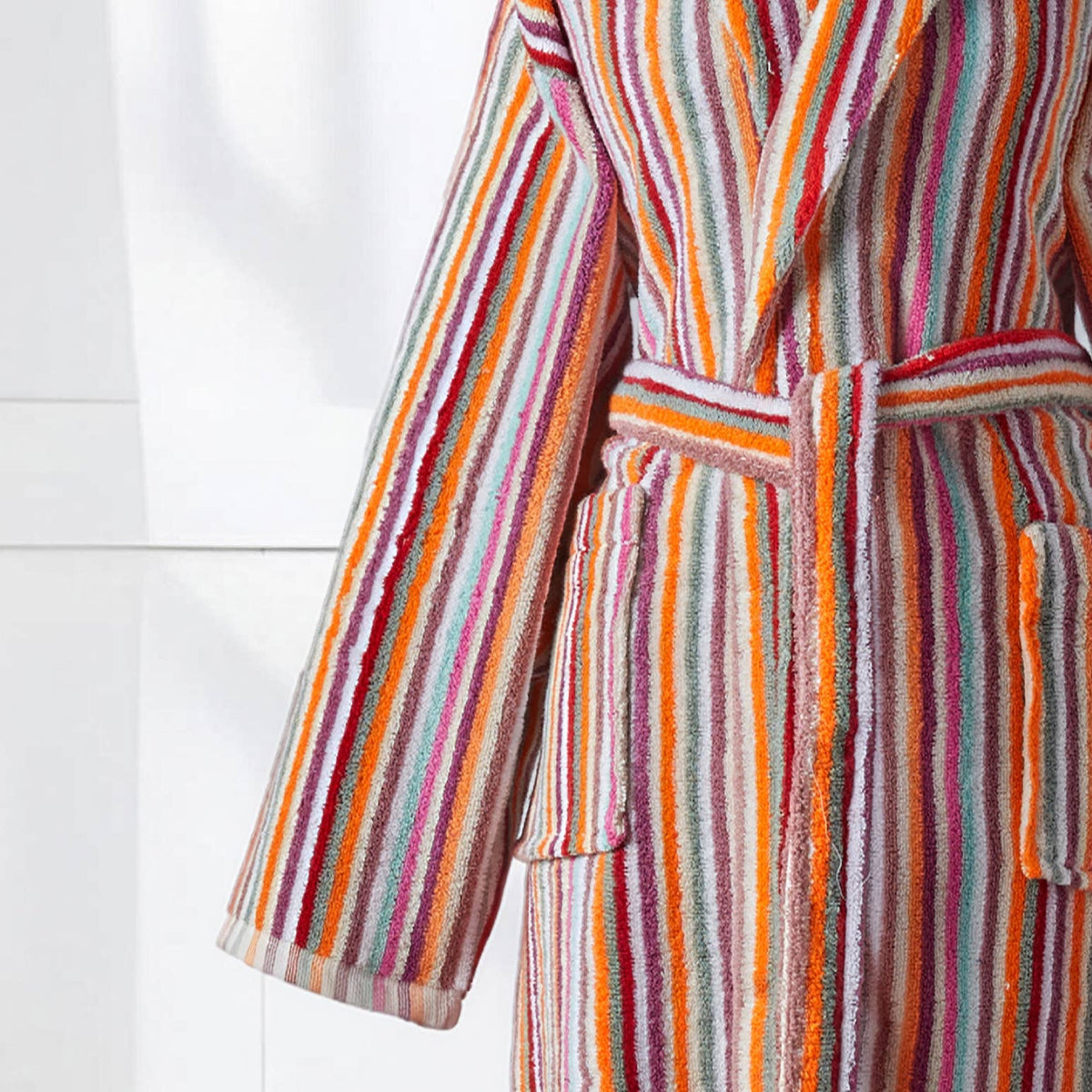Pompom Turkish bathrobe – Pink Multi Stripe, Shawl Collar, back view | Kikoya