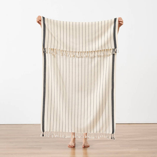 Aphrodisia honeycomb Turkish beach towel with a black pinstripe | Kikoya